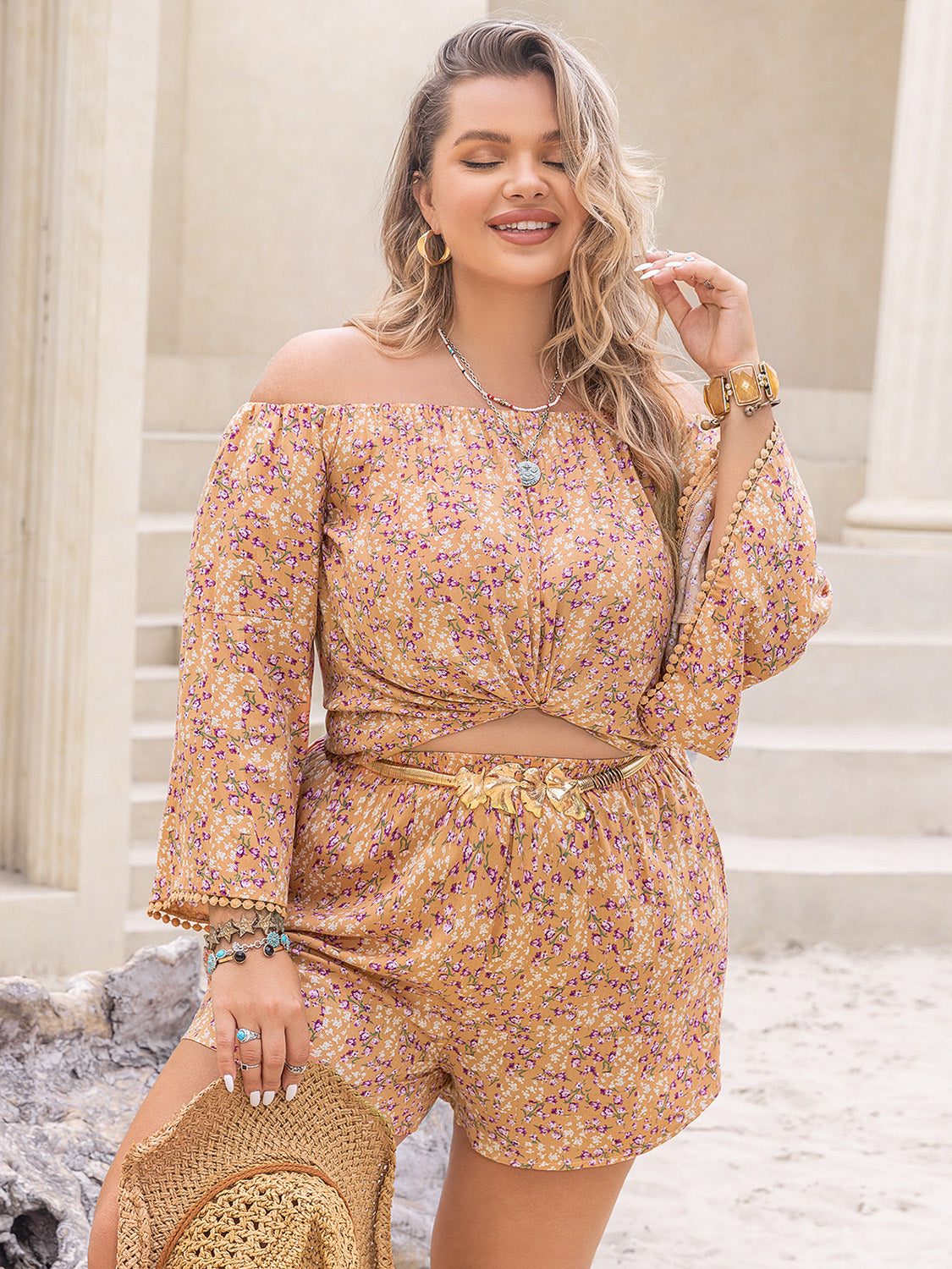 Outfit Flow - Plus Size Printed Off-Shoulder Top and Shorts Set