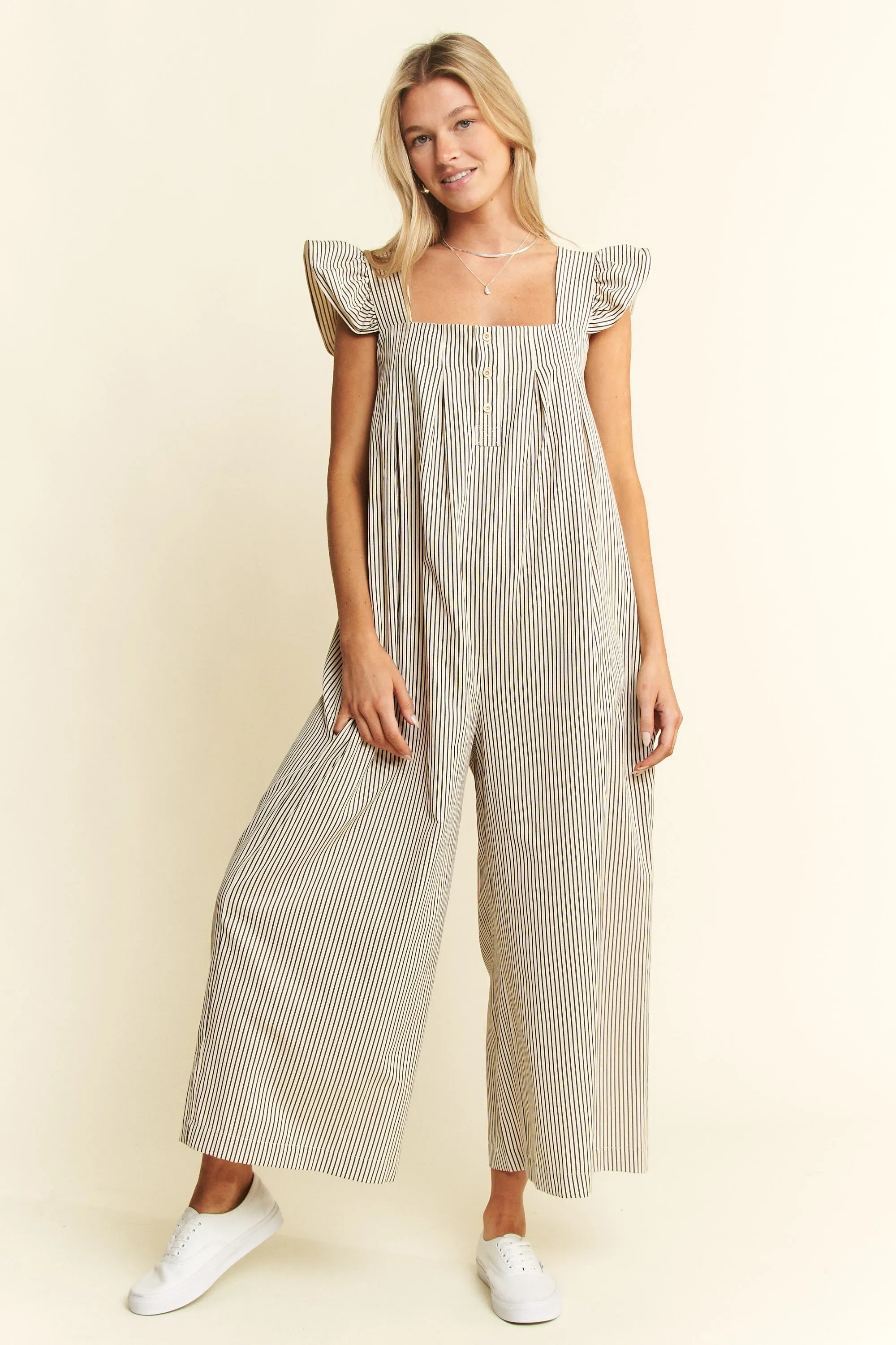 Jade By Jane Stripe Sleeveless Ruffle Jumpsuit OutfitFlow