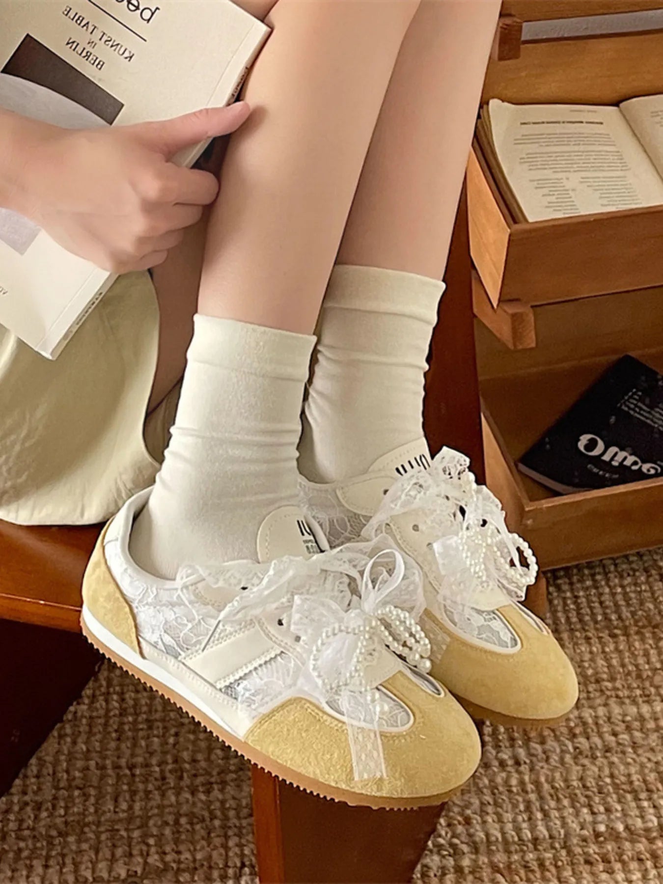 Vintage Lace Ribbon Sneakers OutfitFlow