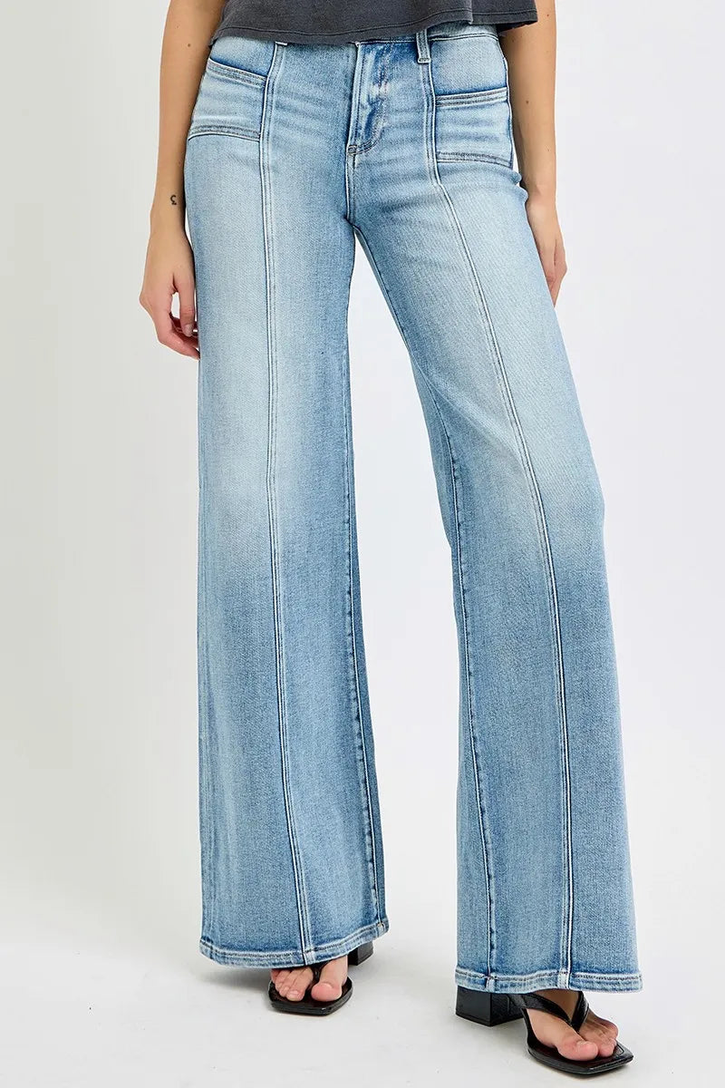 RISEN Full Size Mid Rise Wide Jeans with Front Patch Pocket Plus Size OutfitFlow