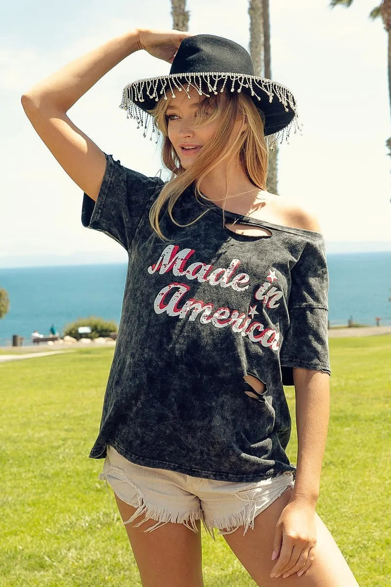 BiBi Laser Cut Mineral Washed America Print Top OutfitFlow
