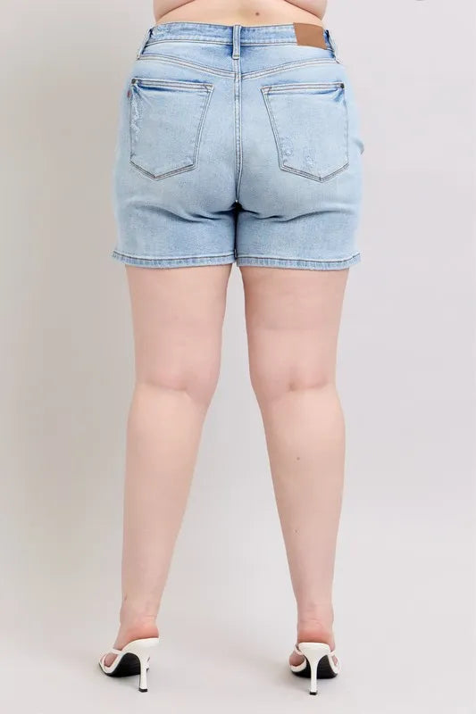 Judy Blue Full Size Mid Rise Washed Denim Shorts Plus Size OutfitFlow