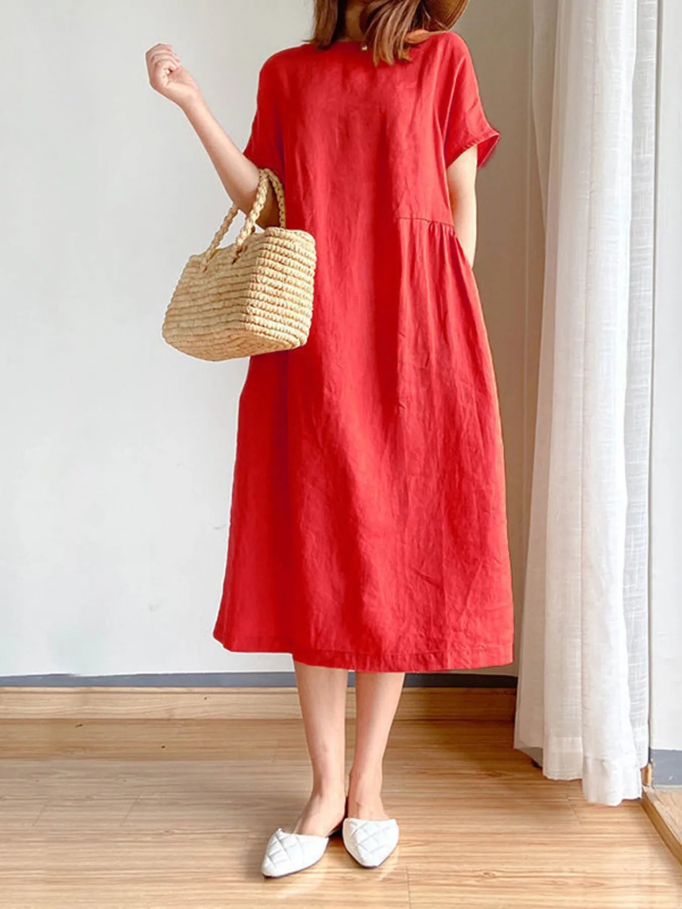 Full Size Casual Round Neck Midi Dress Plus Size Red OutfitFlow