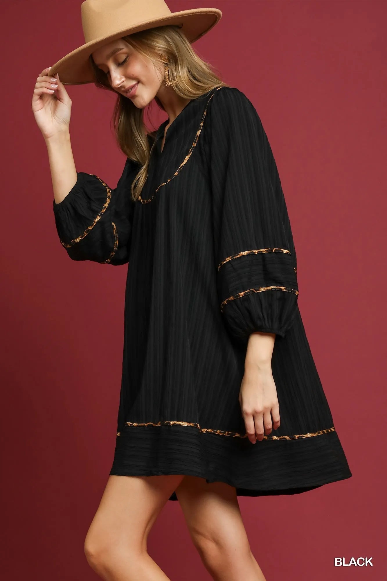 Umgee Full Size Textured Babydoll Dress with Leopard Trim Plus Size OutfitFlow