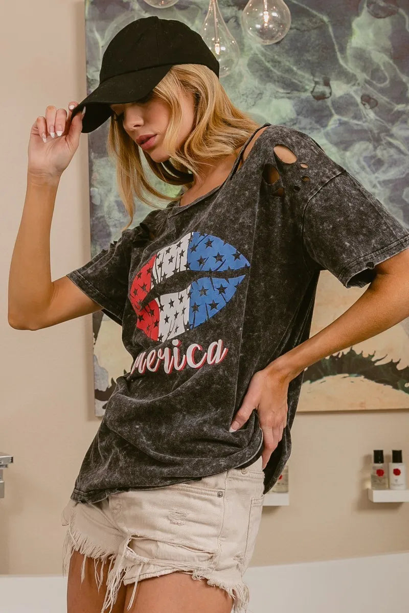 BiBi Laser Cut Mineral Washed Old Glory Lip Print Top OutfitFlow