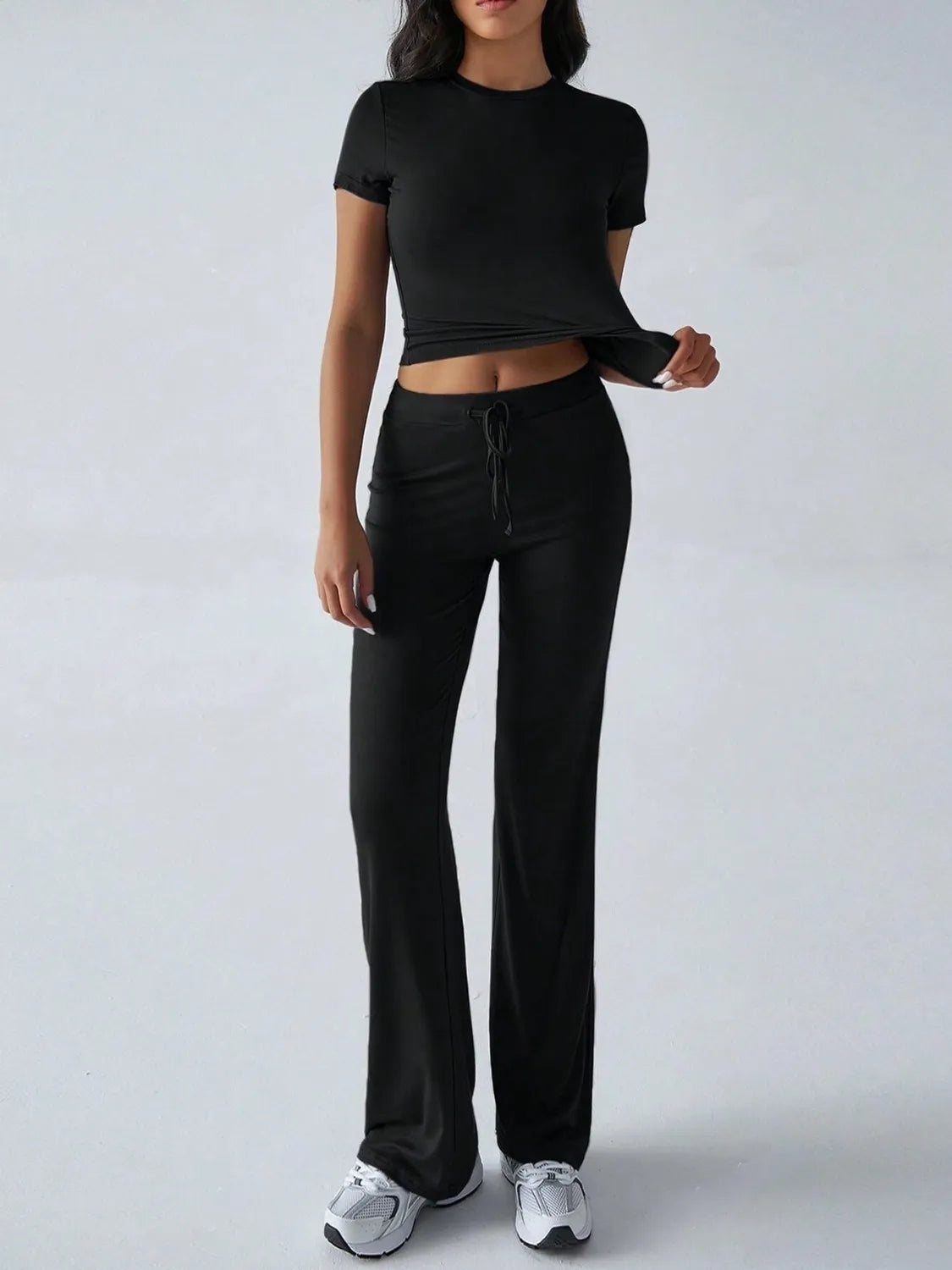 Round Neck Short Sleeve Top and Pants Set OutfitFlow