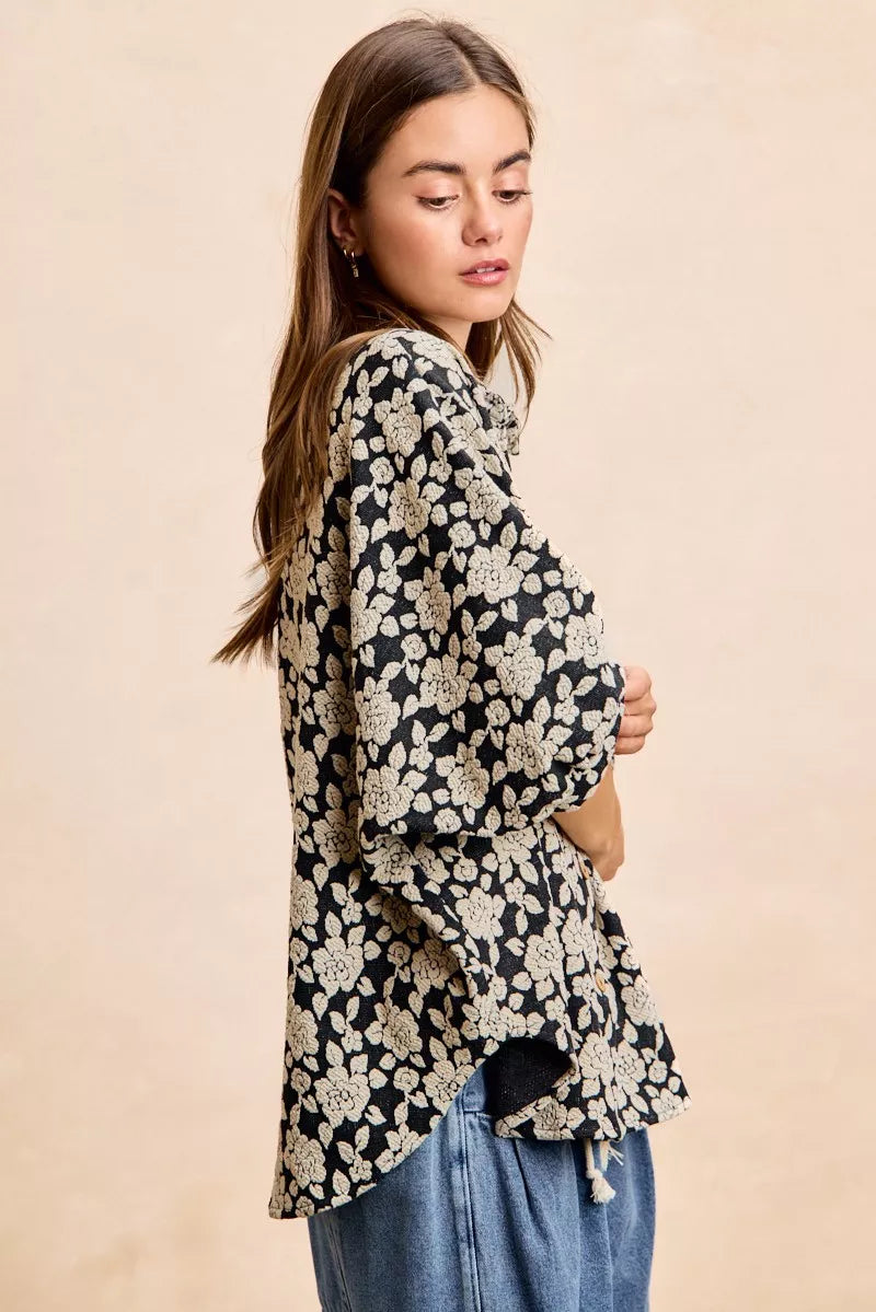 BiBi Floral Jacquard Short Dolman Sleeves Shirt OutfitFlow