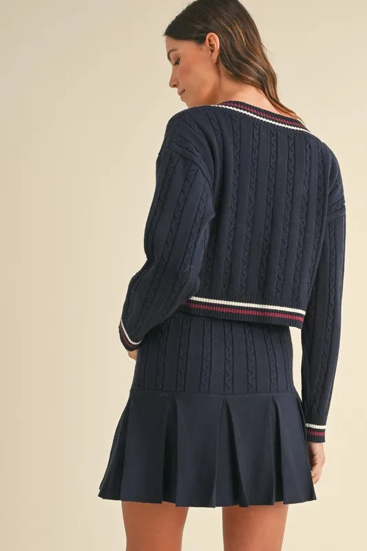 MABLE Cable-Knit Top and Pleated Skirt Sweater Set OutfitFlow
