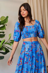 Davi & Dani Smocing Bodice Puff Short Sleeve Printed Crop Top OutfitFlow