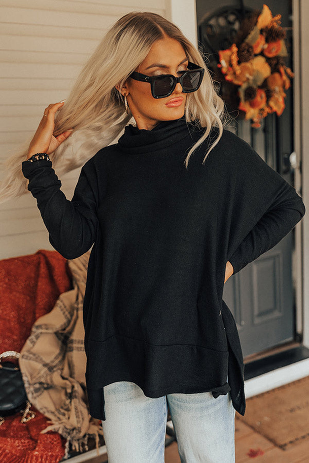 Outfit Flow - Side Slit High-Low Cowl Neck Long Sleeve Blouse