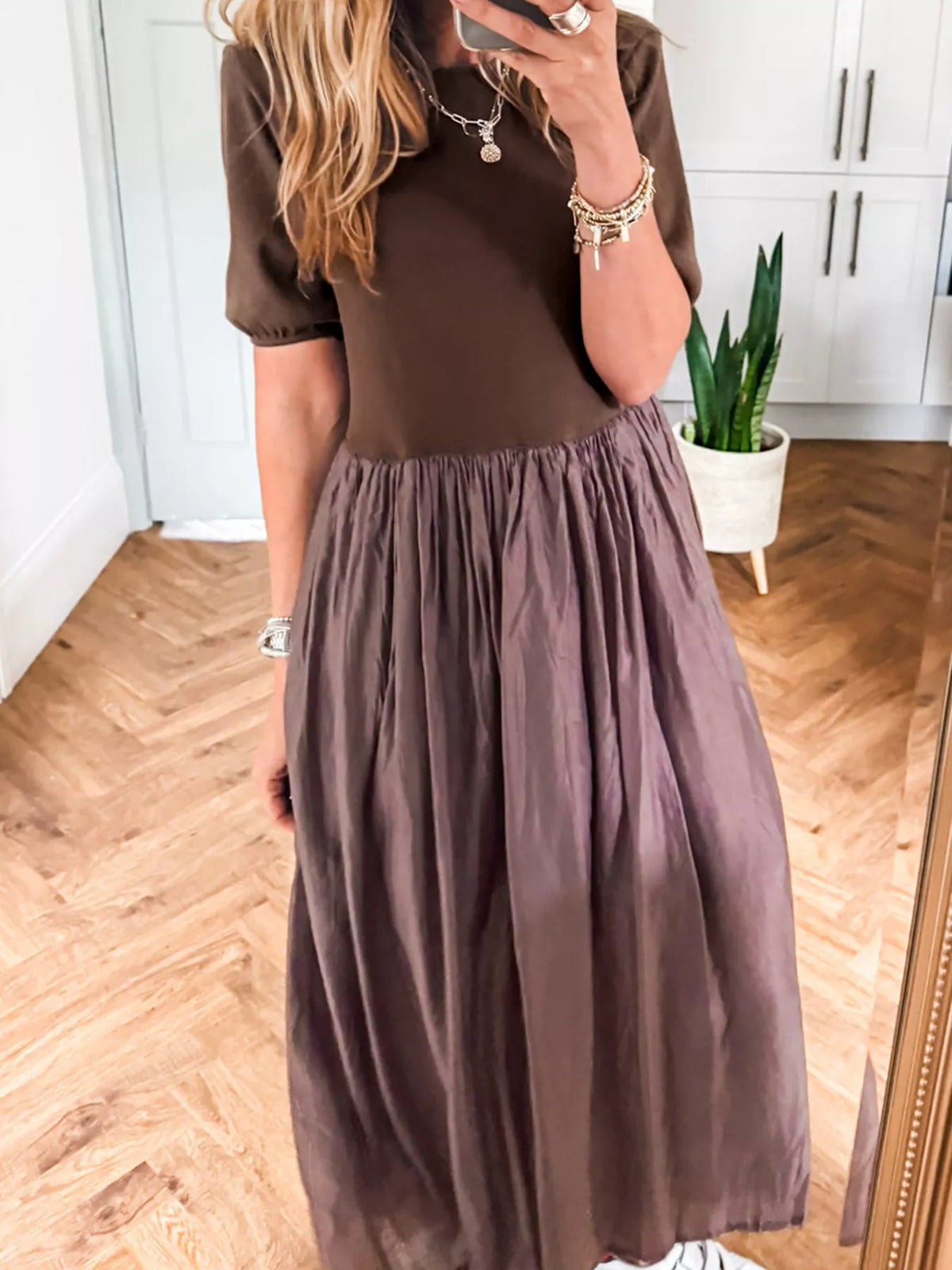 Short Sleeve Knit Top Patchwork Pleated Dress Brown OutfitFlow