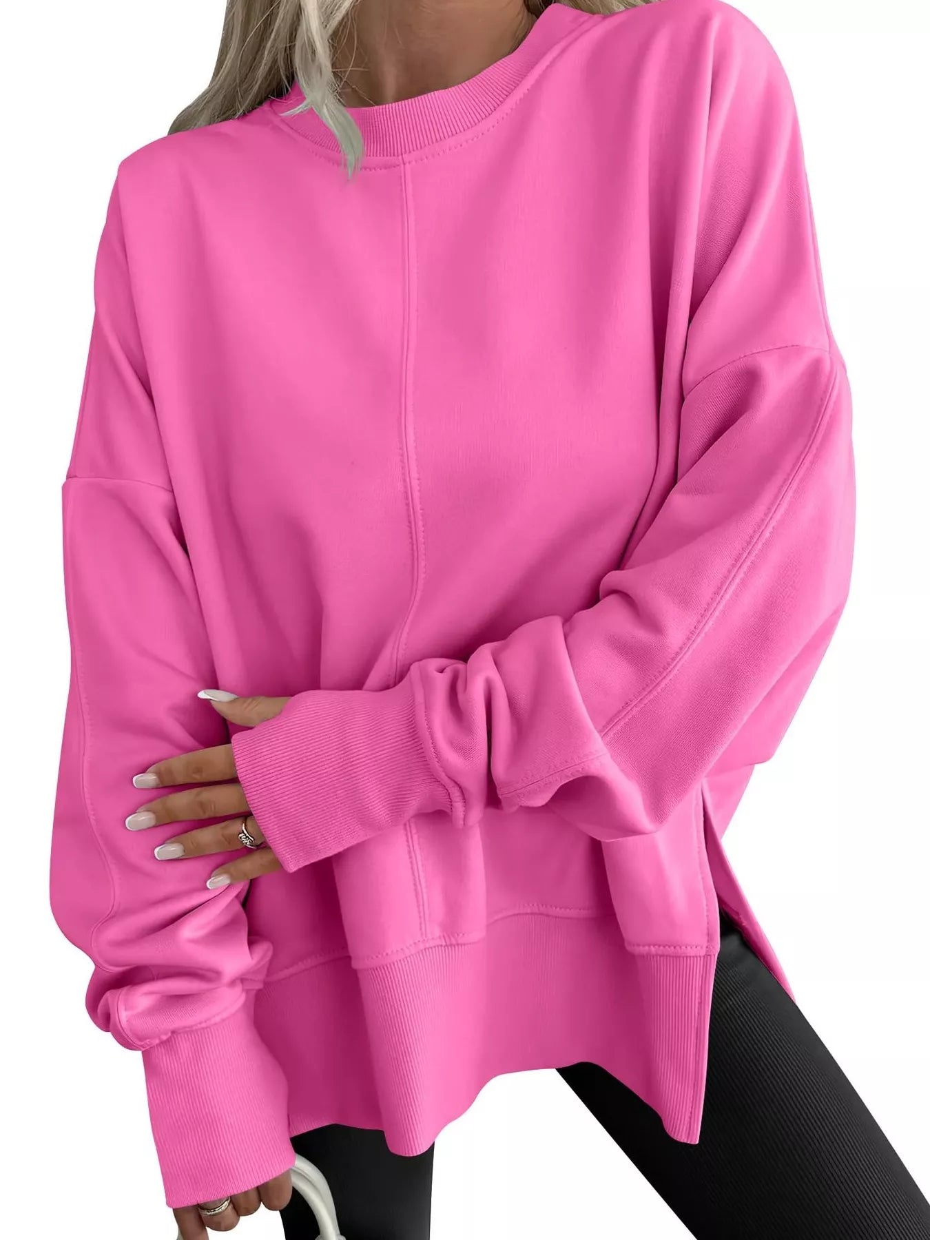 Side Slit Round Neck Long Sleeve Sweatshirt Pink OutfitFlow