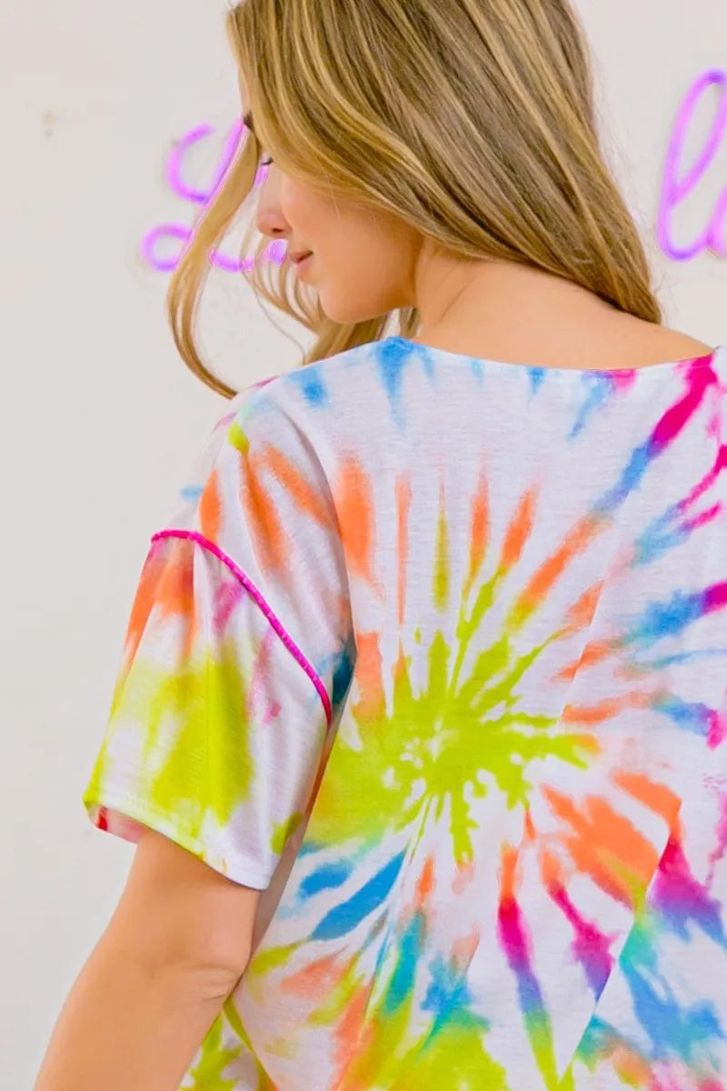 BiBi Tie Dye Print Jersey Stitched V Neck Top OutfitFlow