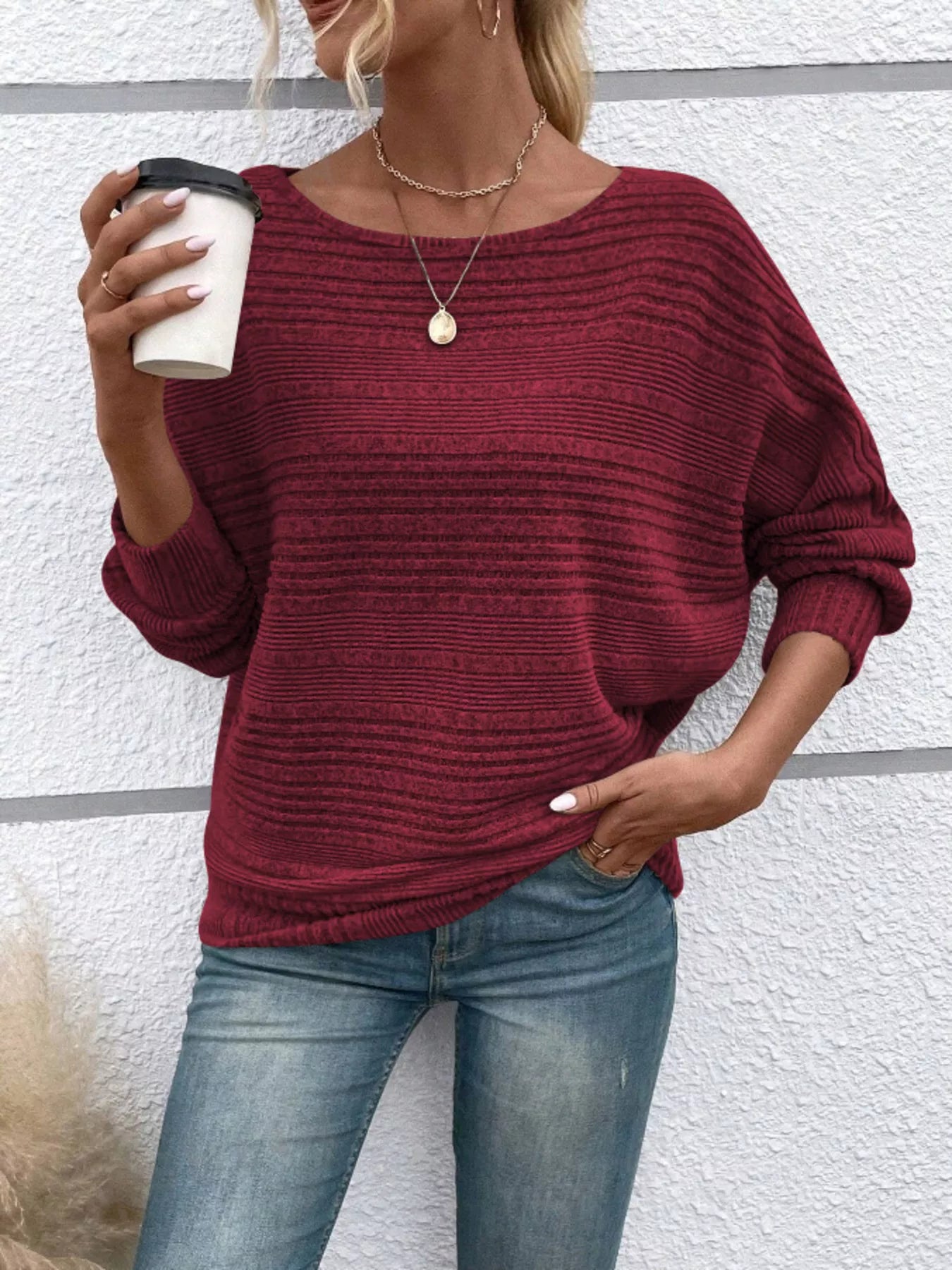 Ribbed Round Neck Long Sleeve Top Wine Red OutfitFlow