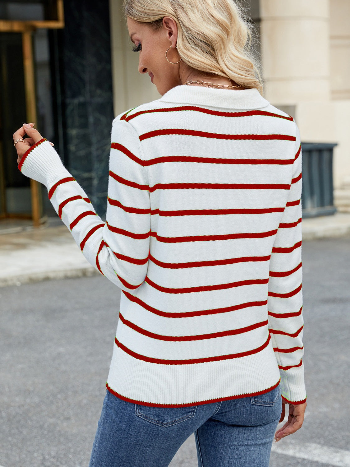 Outfit Flow - Striped Johnny Collar Long Sleeve Sweater