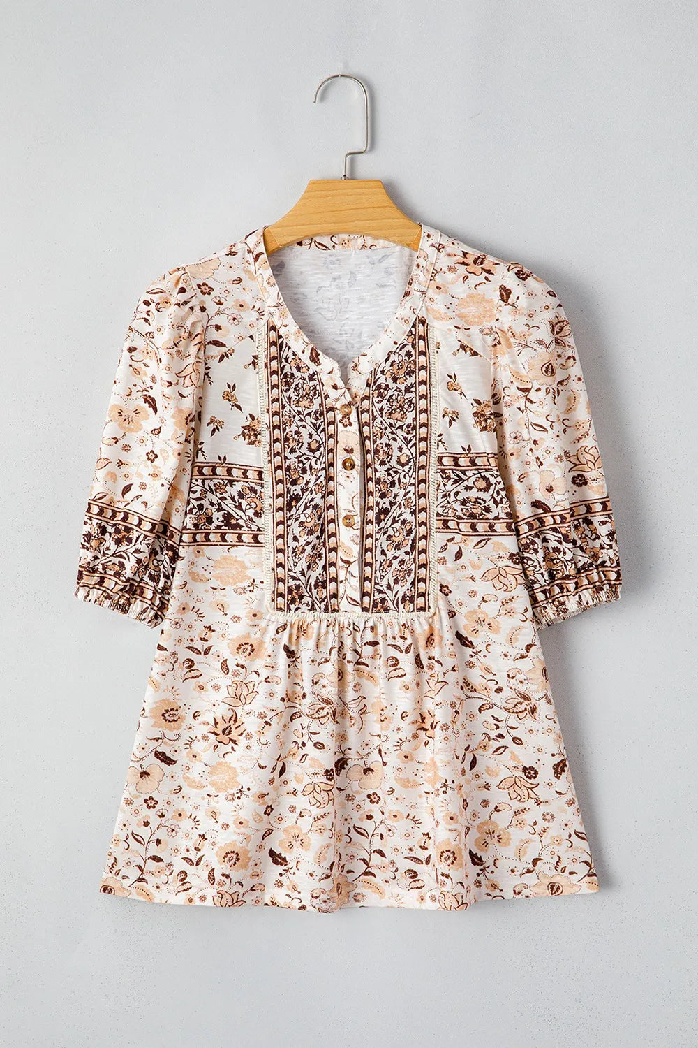 Boho Floral Print Half Placket Short Sleeve Loose Blouse OutfitFlow
