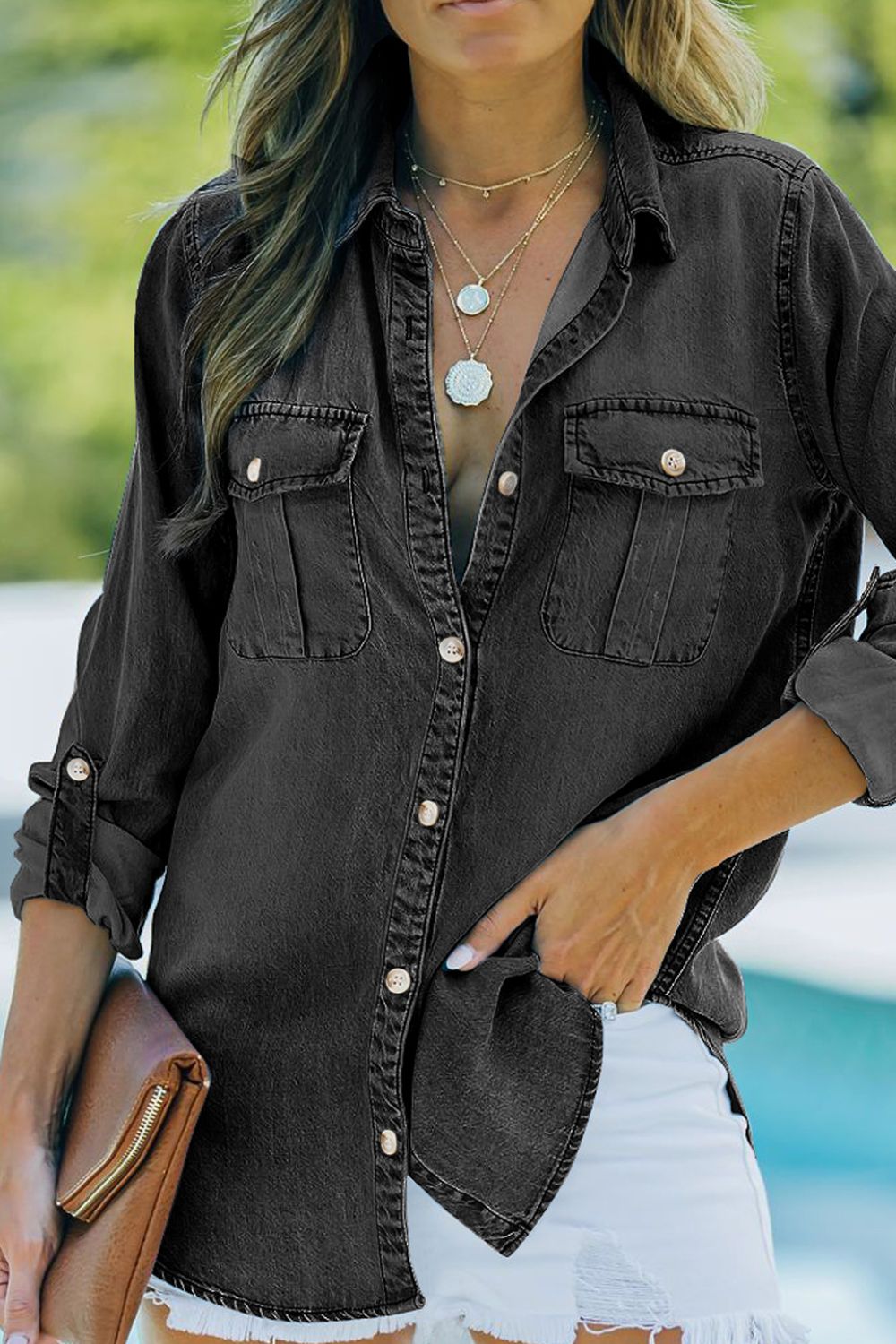 Pocketed Collared Neck Long Sleeve Denim Top Black OutfitFlow