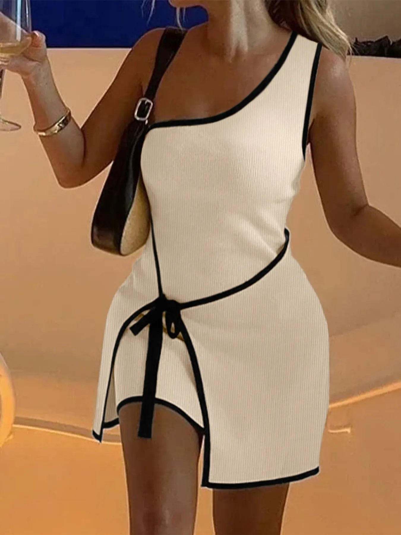 Contrast Trim Single Shoulder Mini Dress OutfitFlow