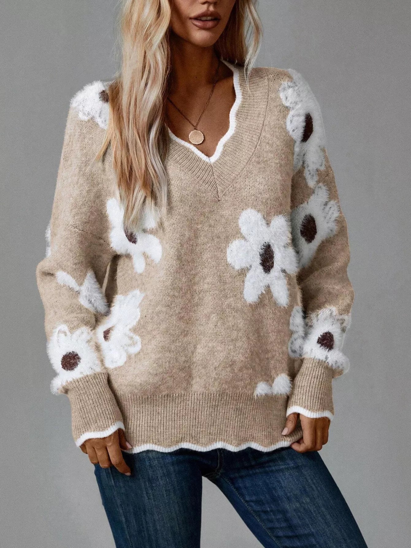 Floral V-Neck Long Sleeve Sweater Tan OutfitFlow