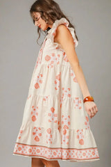 Umgee Printed Tie Neck Ruffle Cap Sleeve Dress OutfitFlow
