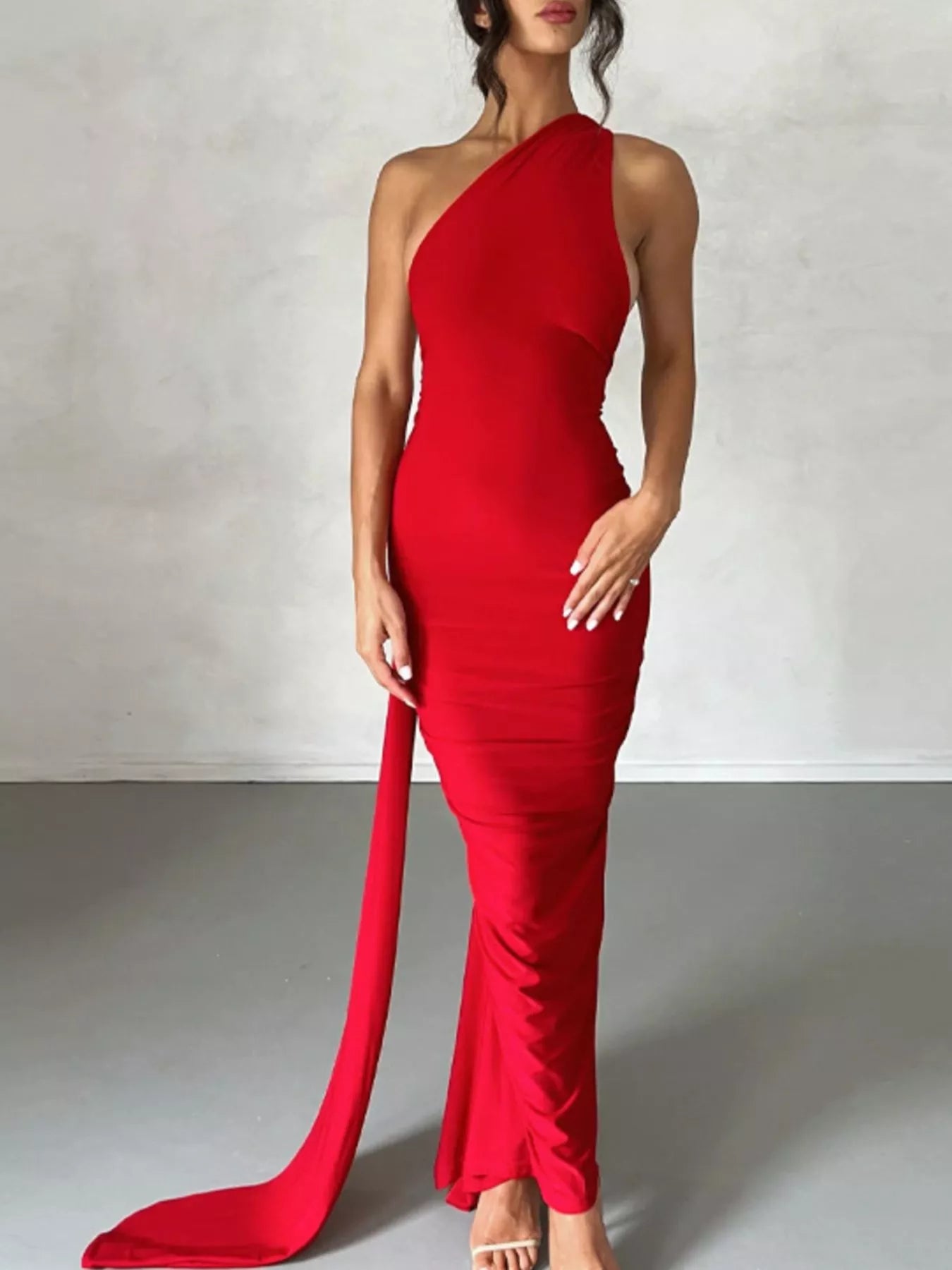Backless One-Shoulder Ruched Bodycon Maxi Dress OutfitFlow