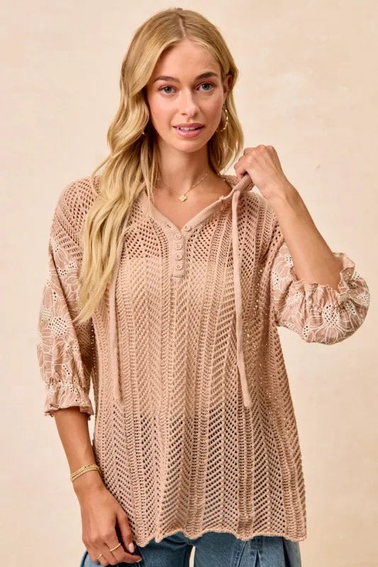 BiBi Jacquard Flower Puff Sleeve Hooded Knit Top OutfitFlow