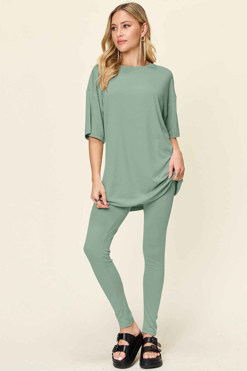 Double Take Full Size Round Neck Dropped Shoulder T-Shirt and Leggings Set Light Green OutfitFlow