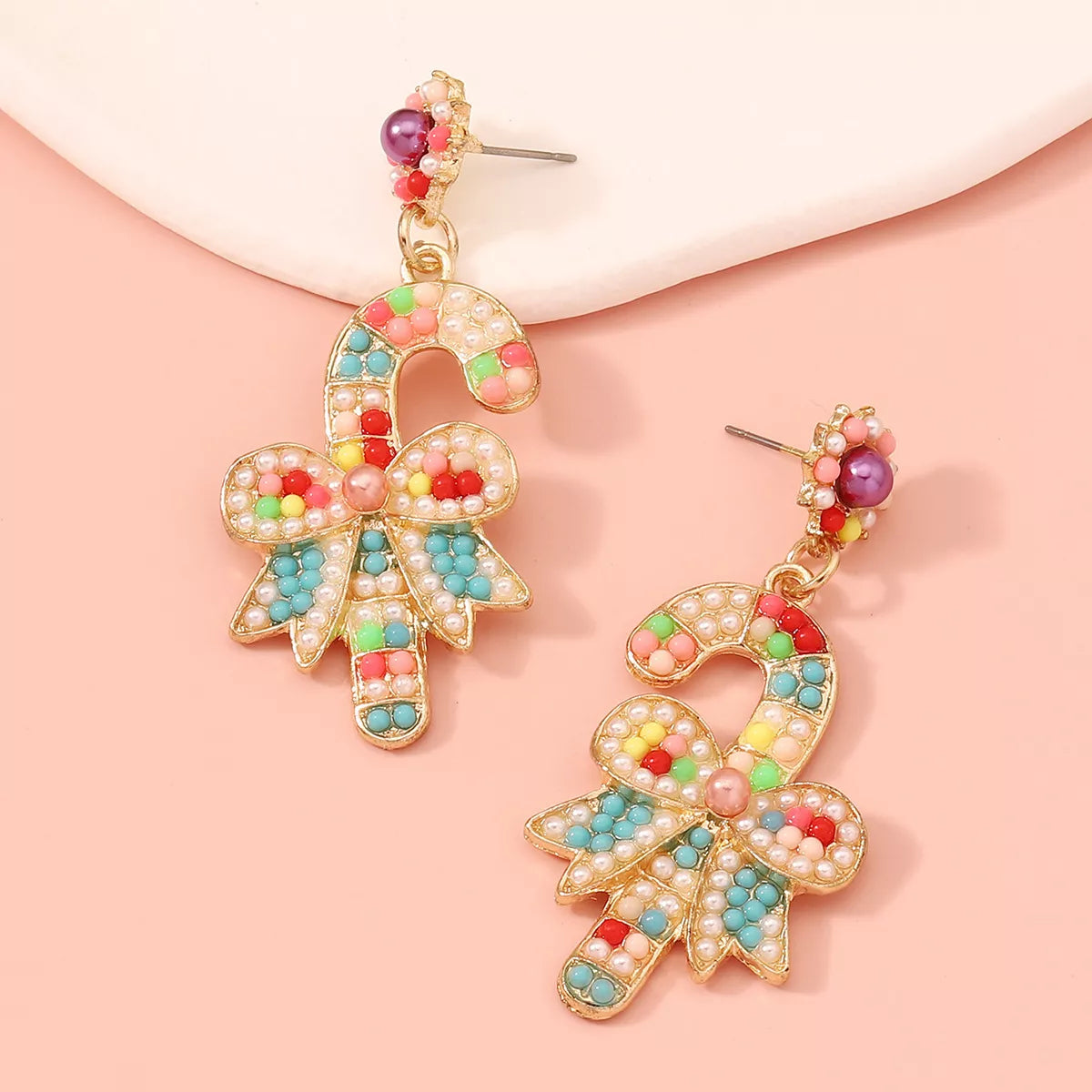 Christmas Candy Cane Bow Drop Earrings Colorful onesize OutfitFlow