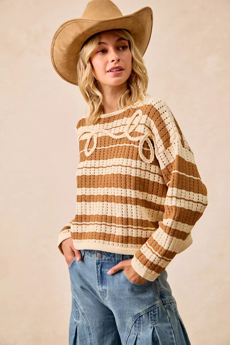 BiBi Striped Open Knit Sweater Top with Front Braided Detail OutfitFlow
