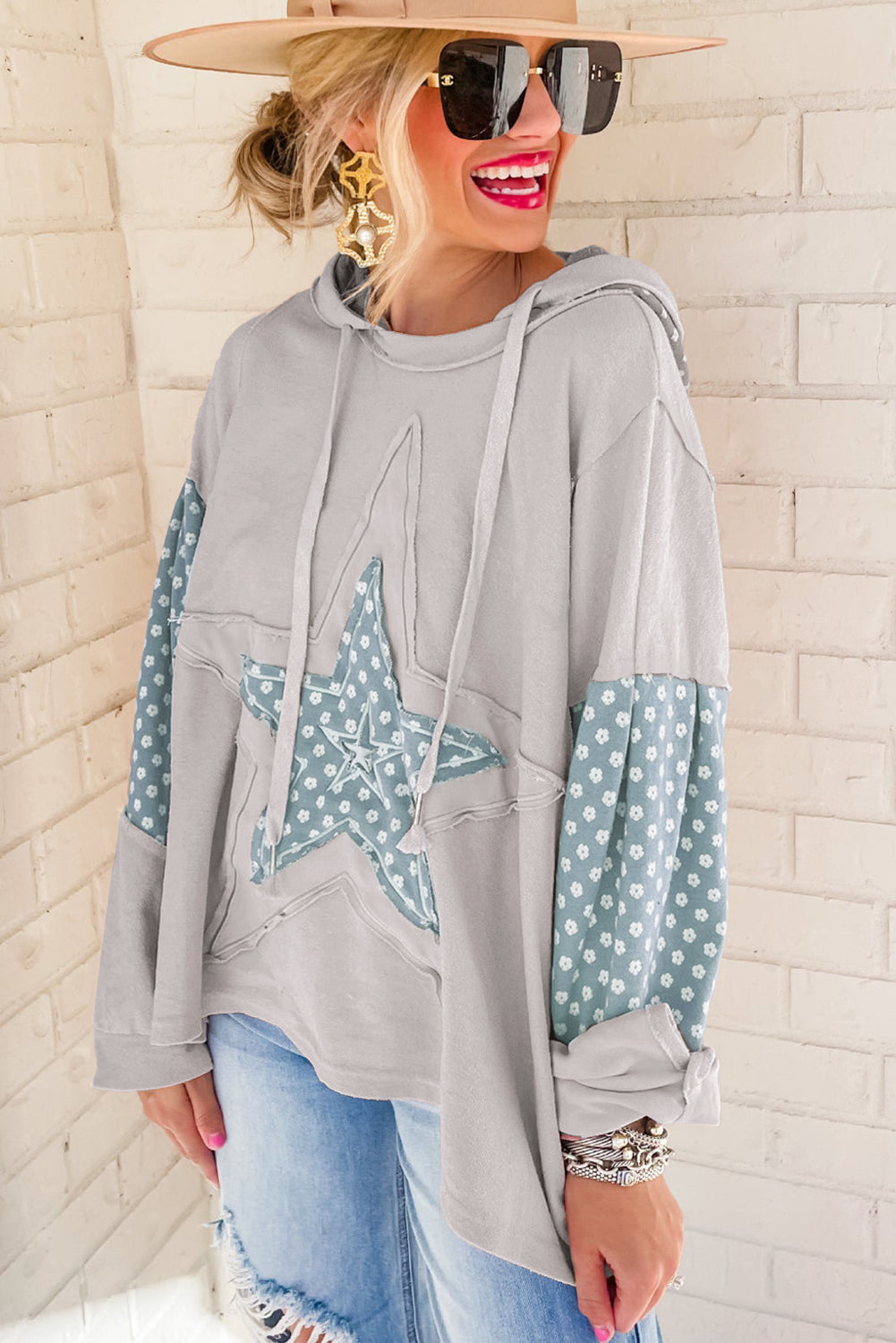 Outfit Flow - Floral Patchwork Star Pattern Drawstring Hoodie