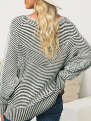 Striped Ribbed Knit Boat Neck Baggy Sweater OutfitFlow