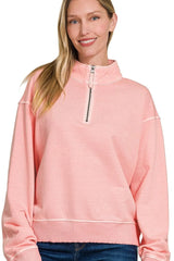 Zenana F/terry Pigment Dye & Enzyme Washing Half Zip Top OutfitFlow