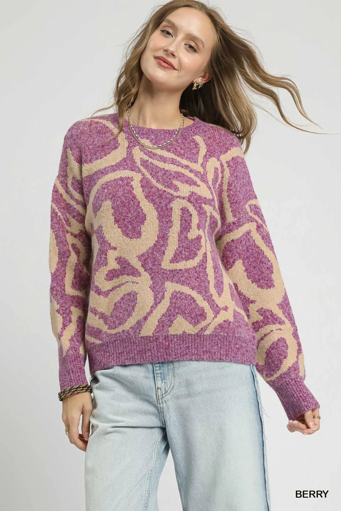 Umgee Ribbed Hem Contrast Dropped Shoulder Sweater BERRY Trendsi