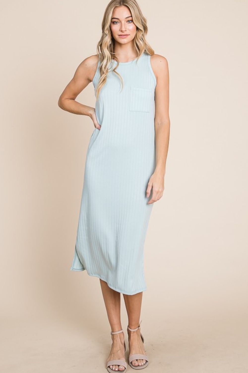 BOMBOM Ribbed Knit Sleeveless Midi Dress Mint OutfitFlow
