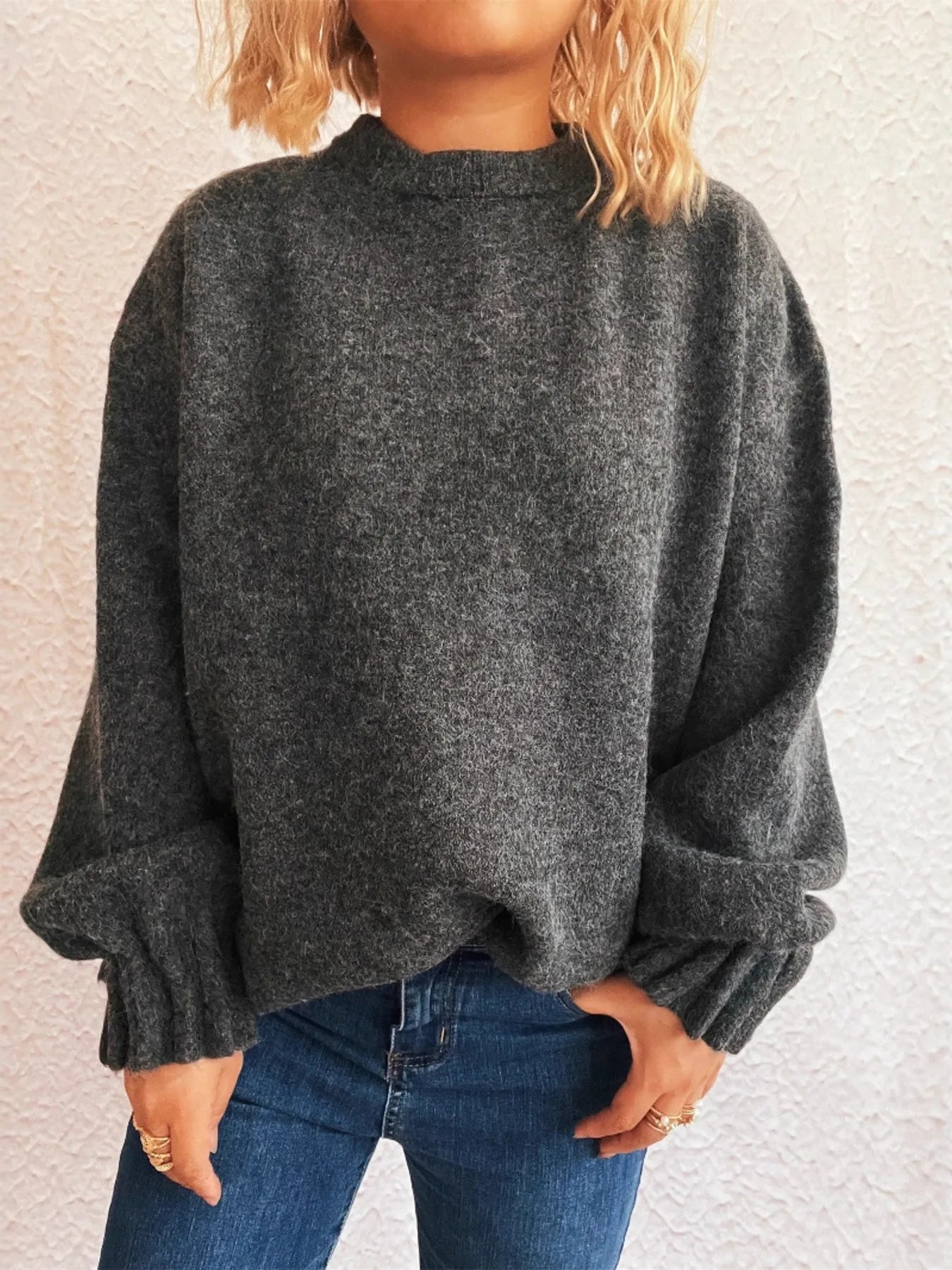 Round Neck Dropped Shoulder Sweater Dark Gray One Size OutfitFlow
