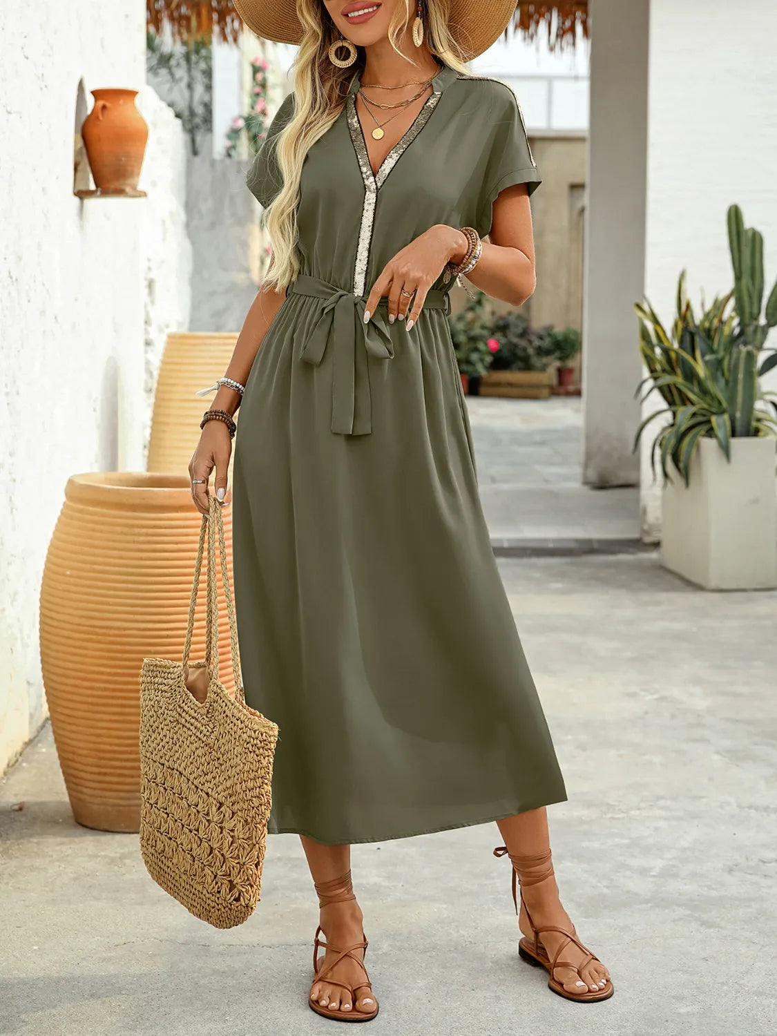 Sequin Notched Short Sleeve Midi Dress OutfitFlow