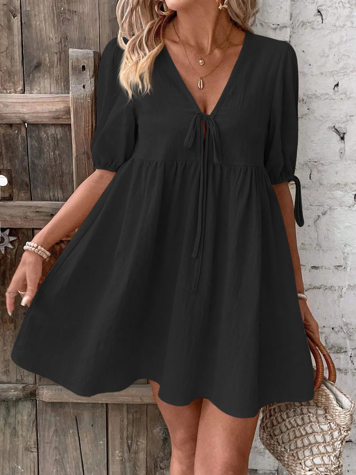 V-Neck Tie-Front Mini Dress with Puff Sleeves OutfitFlow