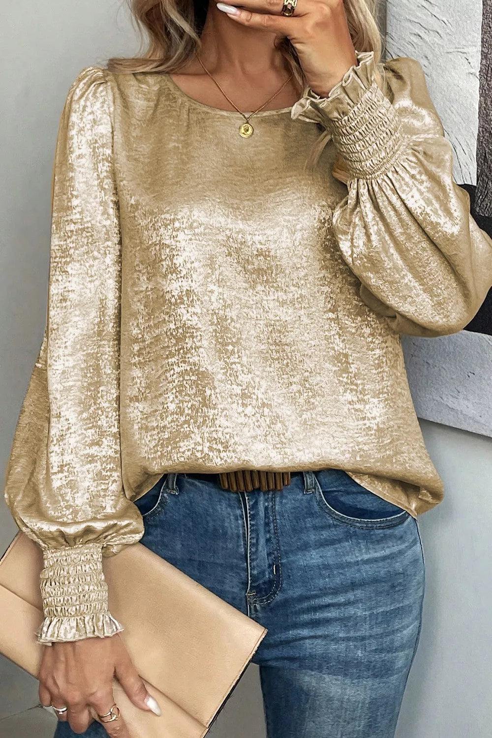 Round Neck Lantern Sleeve Blouse Beige OutfitFlow