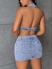 Backless Sleeveless Button Front Denim Mini Dress OutfitFlow
