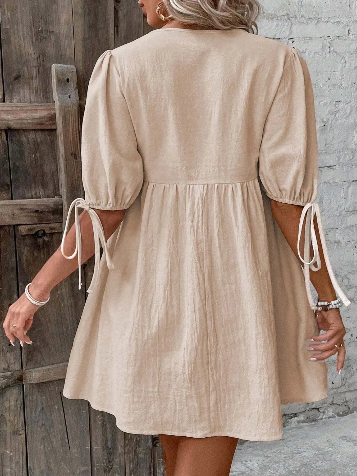 V-Neck Tie-Front Mini Dress with Puff Sleeves OutfitFlow