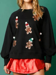 Christmas Sequin Gingerbread Round Neck Sweatshirt OutfitFlow