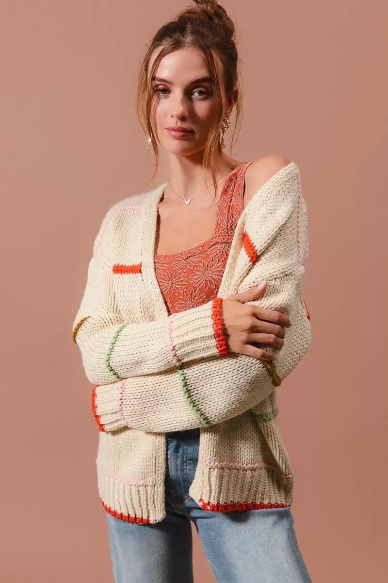 SO ME Loose Fit Multi Stripe Open Front Cardigan Trendsi