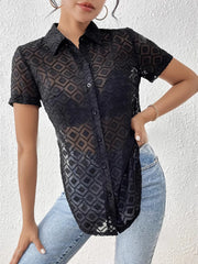 Side Slit Short Sleeve Shirt Black OutfitFlow