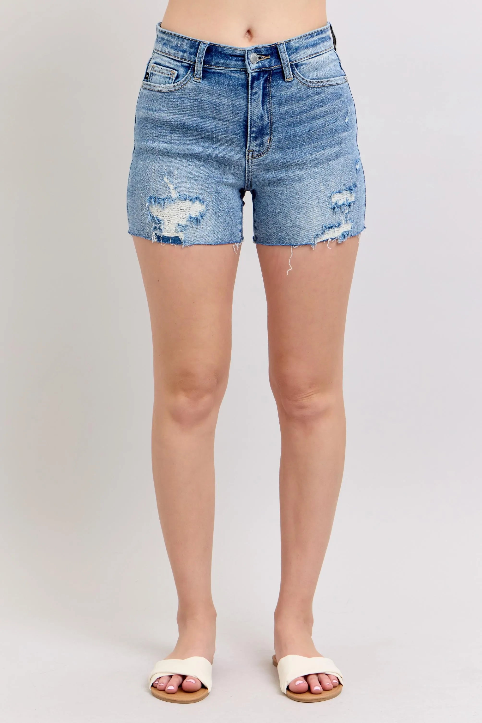 Judy Blue Full Size High Waist Denim Shorts W/stitch Over Destroy Detail Plus Size OutfitFlow