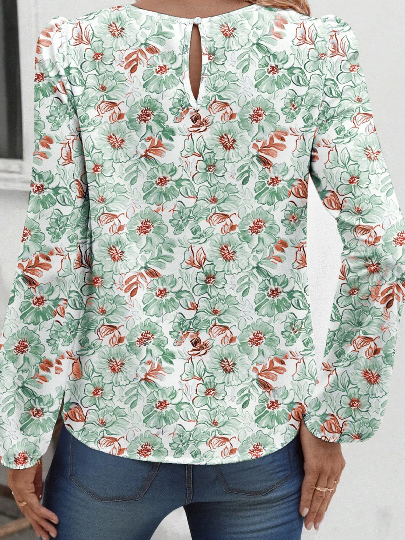 Floral Print Keyhole Neck Blouse OutfitFlow