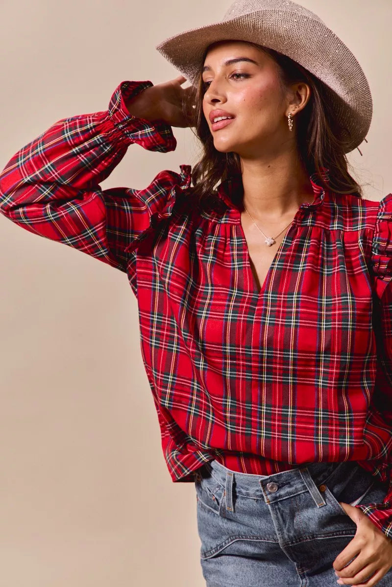 SO ME Christmas Checkered Plaid Smocked Blouse OutfitFlow