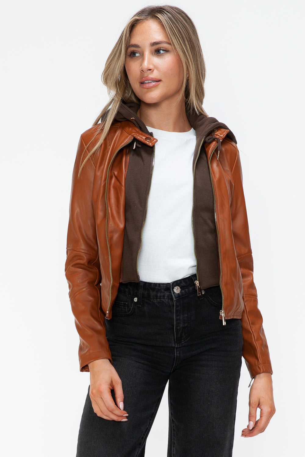 Outfit Flow - Snobbish Faux Leather Zip Up Drawstring Hooded Jacket