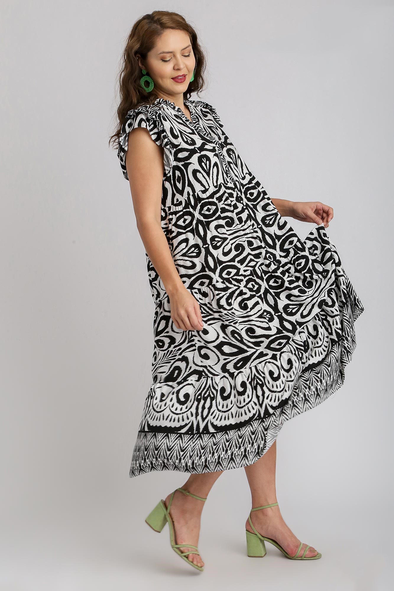 Umgee Full Size Two Tone Border Print Ruffle Cap Sleeve Midi Dress Plus Size OutfitFlow