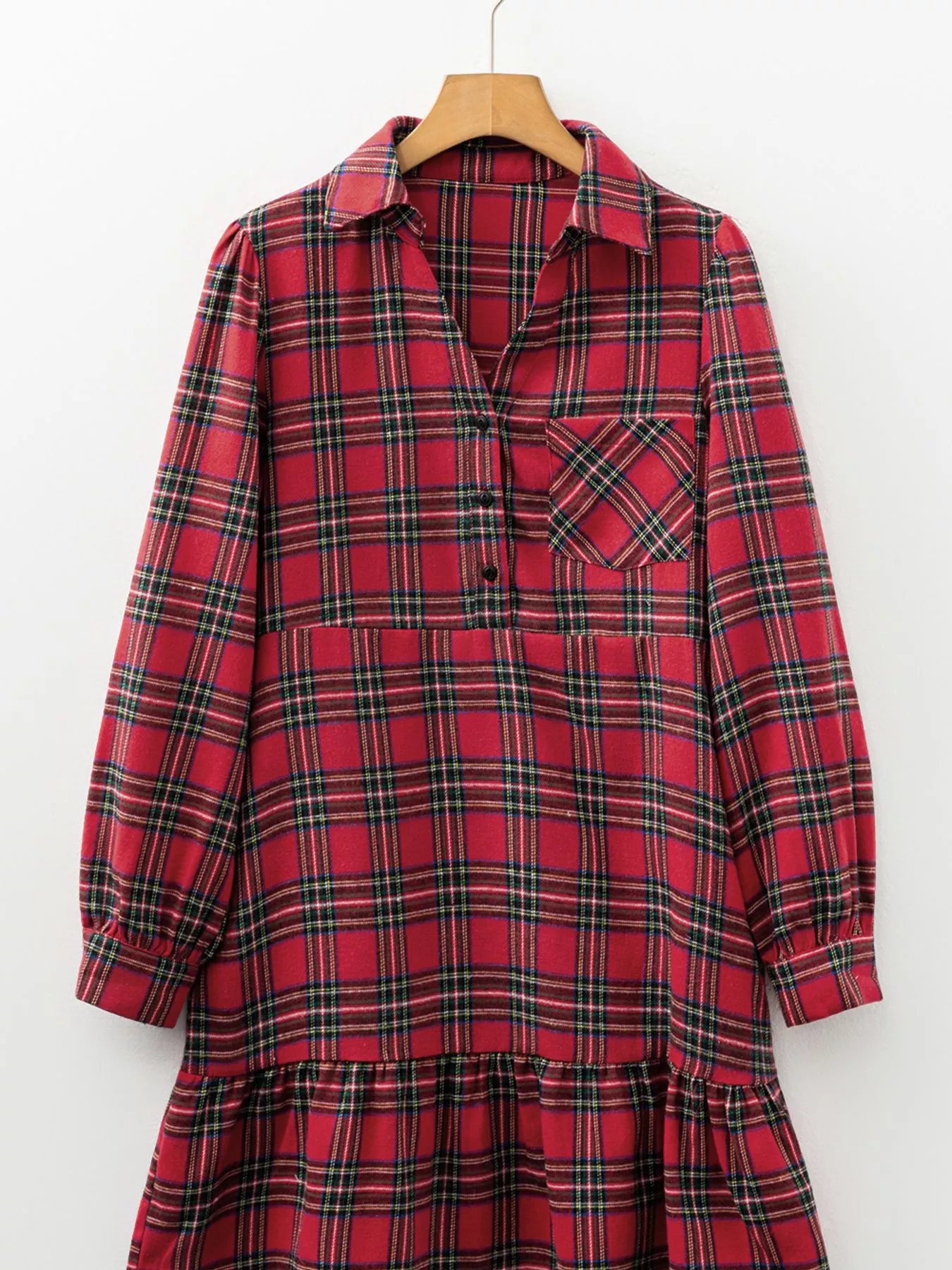 Plaid Shirt Collar Half Button Ruffle Hem Long Sleeve Mini Dress OutfitFlow