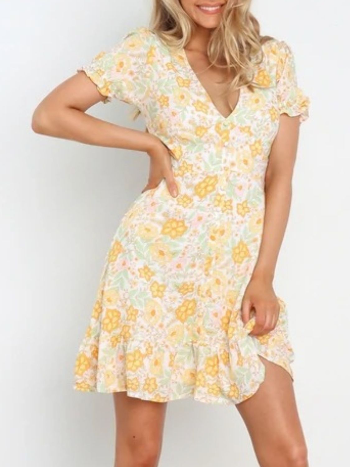 Ruffled Hem Printed Short Sleeve Mini Dress OutfitFlow